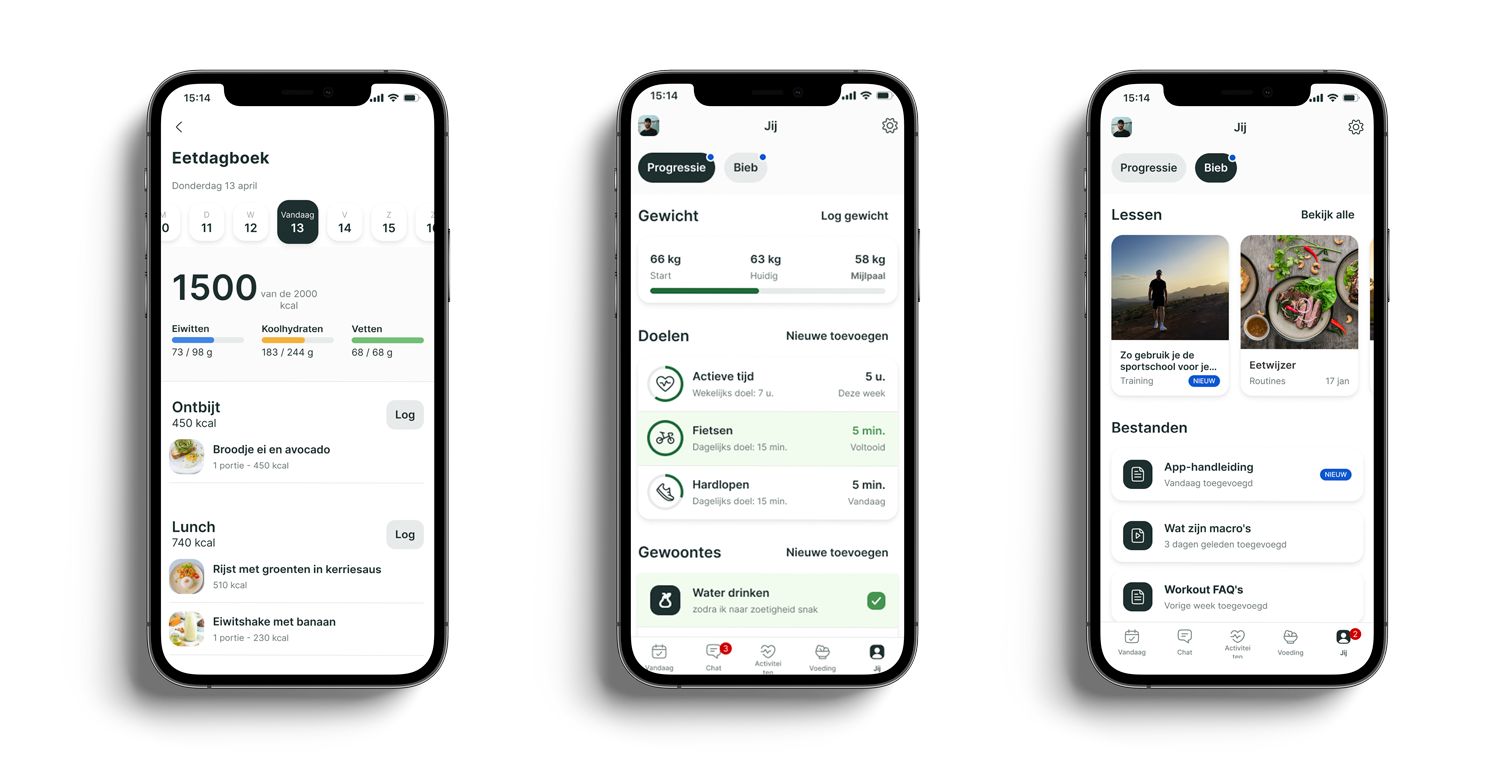 Een mockup van de coaching app die de verschillende functies laat zien.